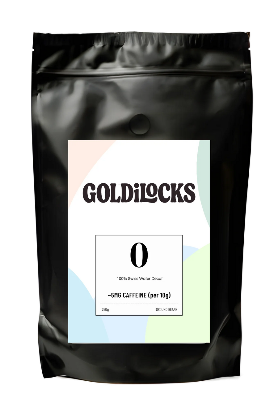 250g coffee bag with colourful circular label showing the number 0, for decaf