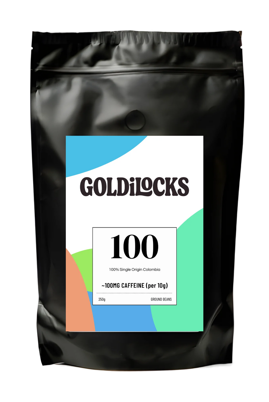 250g coffee bag with colourful circular label showing the number 100, for full caffeine