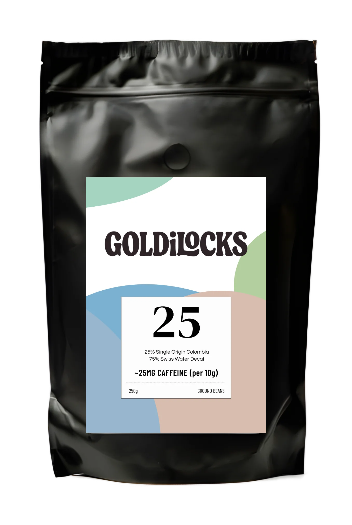 250g coffee bag with colourful circular label showing the number 25, for 25% caffeine