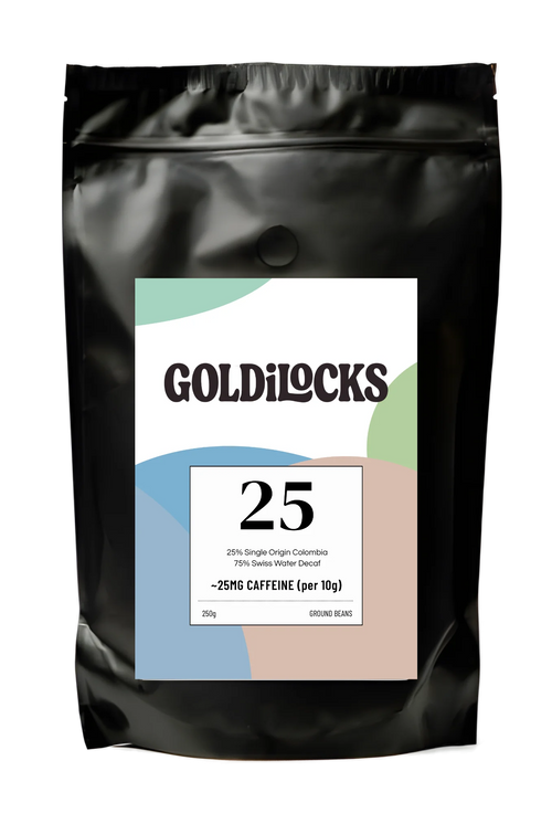 250g coffee bag with colourful circular label showing the number 25, for 25% caffeine