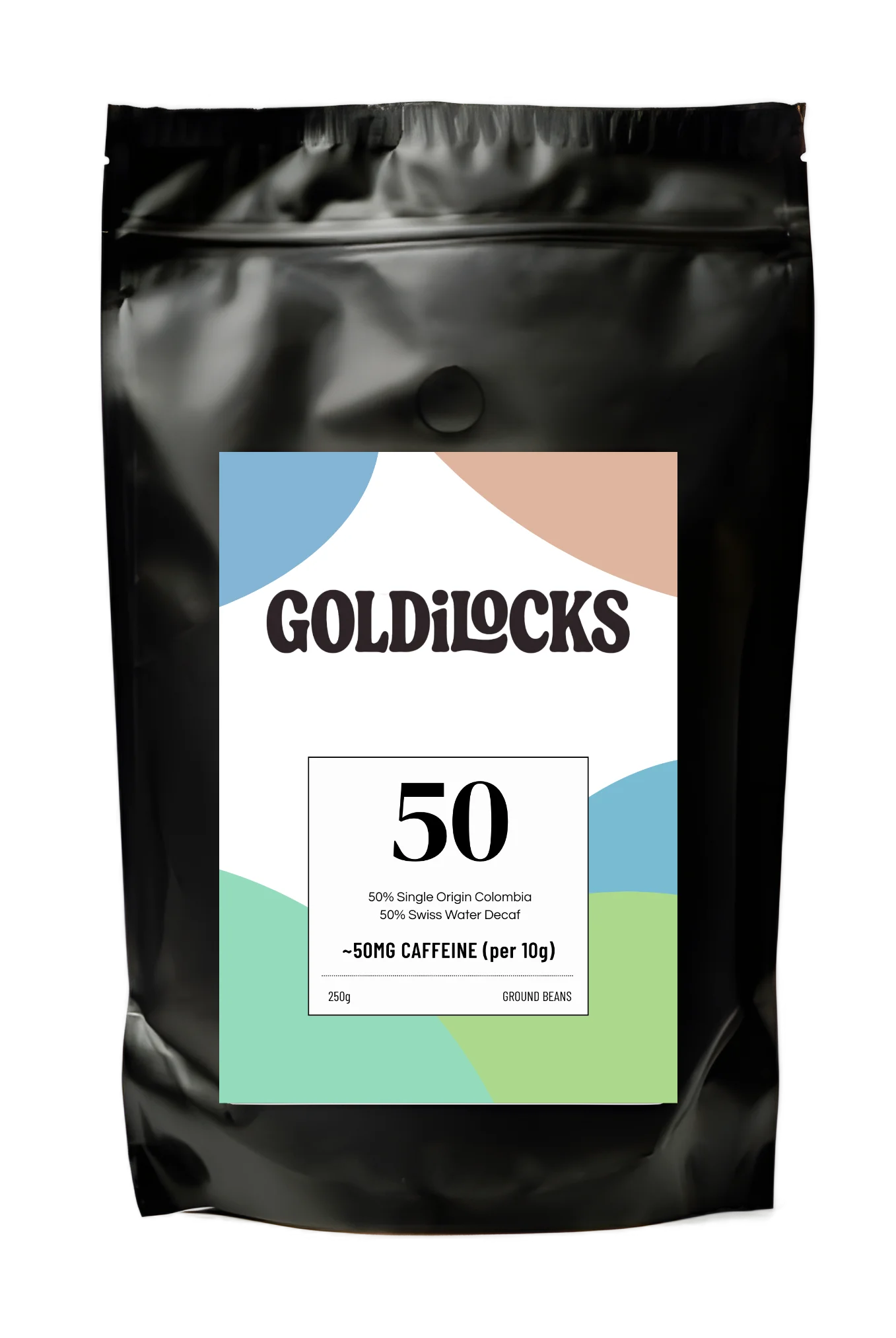 250g coffee bag with colourful circular label showing the number 50, for 50% caffeine