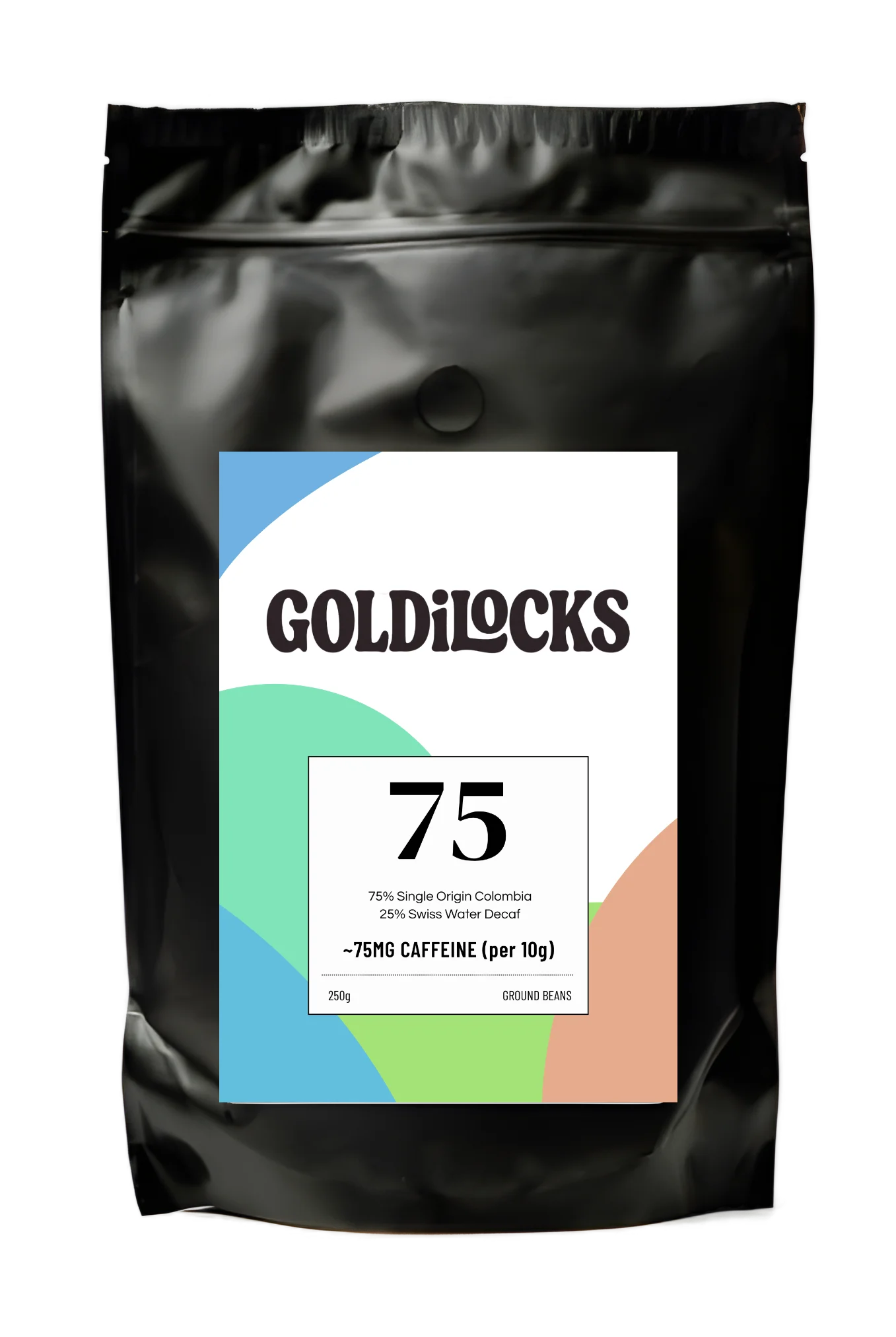 250g coffee bag with colourful circular label showing the number 75, for 75% caffeine