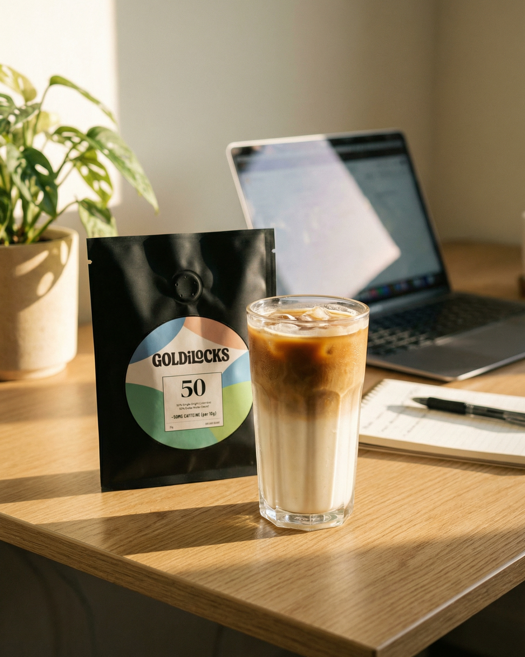 Goldilocks Coffee 50 bag with iced latte on a desk - afternoon coffee break