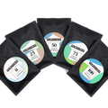 Five 25g coffee bags arranged together, one of each caffeine level: 0, 25, 50, 75, and 100
