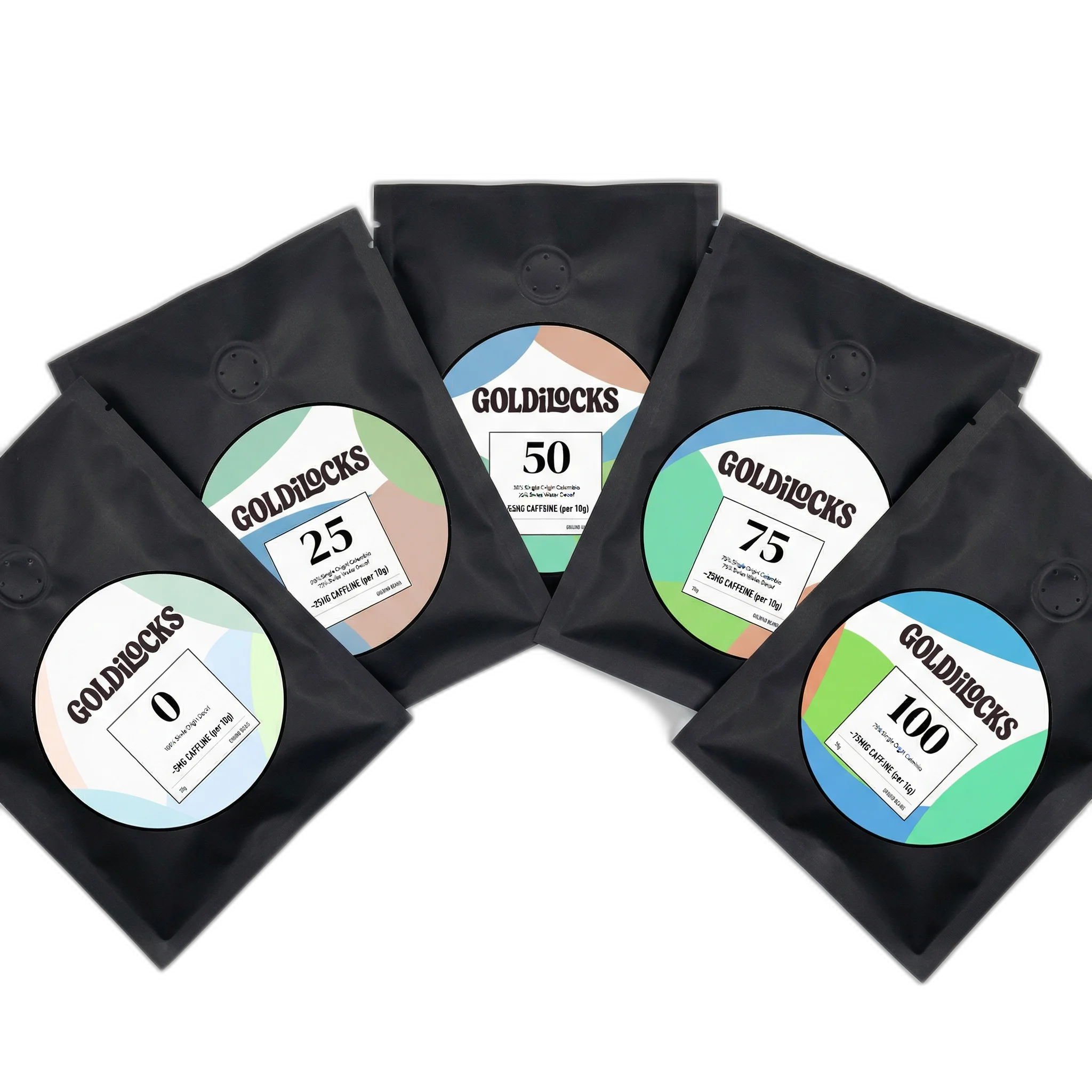 Five 25g coffee bags arranged together, one of each caffeine level: 0, 25, 50, 75, and 100