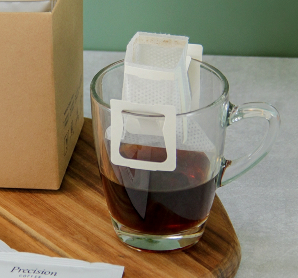 Drip bag brewing in a glass mug - just add hot water